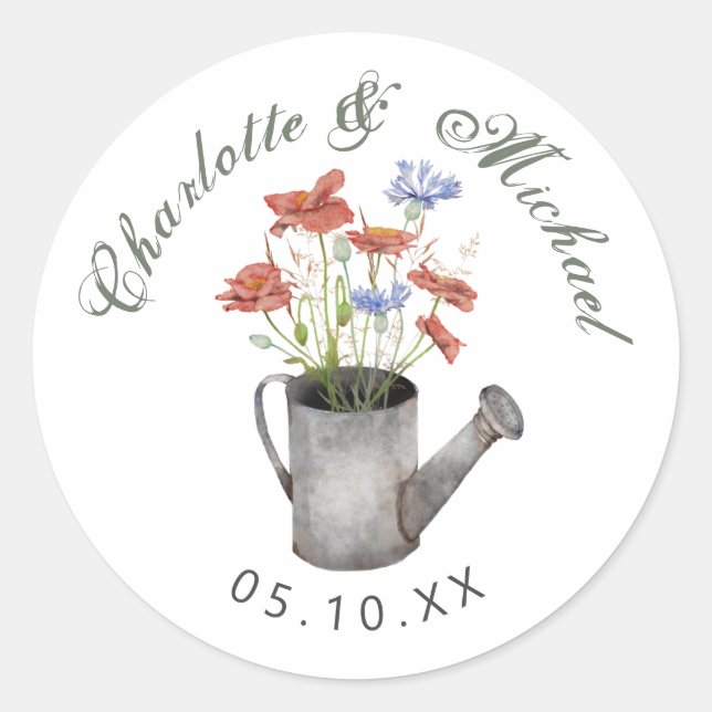 Rustic wildflowers in a water can wedding classic round sticker (Front)