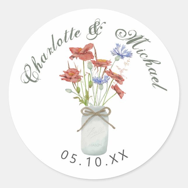Rustic wildflowers in white ball jar wedding class classic round sticker (Front)