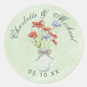 Rustic wildflowers in white ball jar wedding classic round sticker
