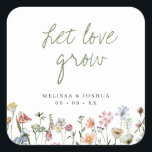 Rustic Wildflowers Let Love Grow Wedding Seeds Square Sticker<br><div class="desc">Pretty favour stickers for your seeds packet favours,  featuring the editable headline "let love grow" in sage green handwritten style font,  and a border of watercolor wildflowers in pink,  blue,  lilac,  yellow and white.</div>