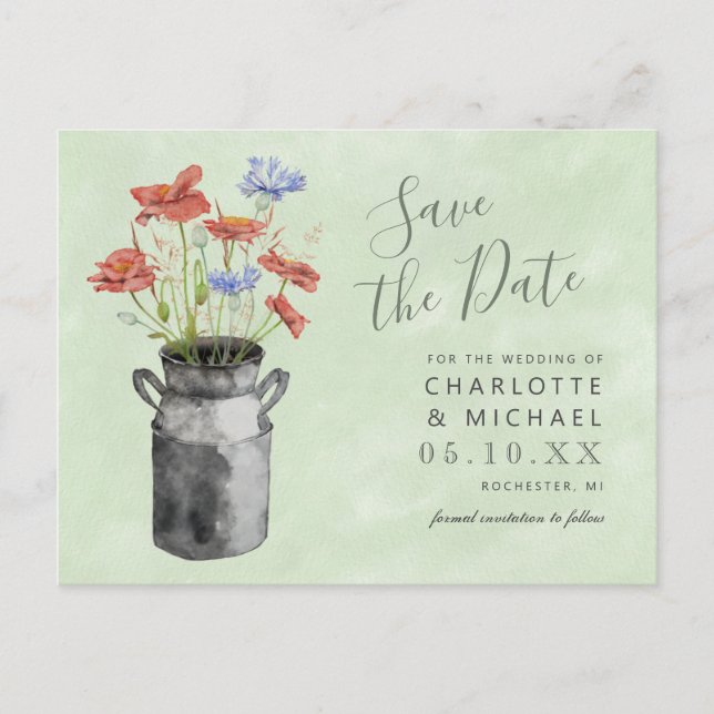 rustic wildflowers milkbucket save the date postcard (Front)