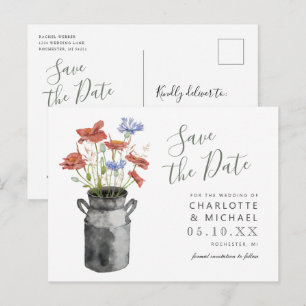 rustic wildflowers milkbucket save the date postcard