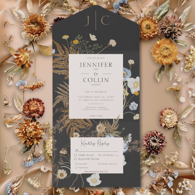Rustic Wildflowers Monogram Black Dinner All In One Invitation (Rustic Wildflowers Monogram Black Dinner All In One Invitation)