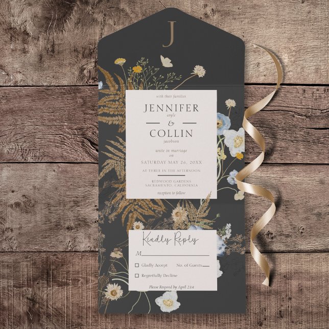 Rustic Wildflowers Monogram Black No Dinner All In One Invitation (Rustic Wildflowers Monogram Black All in One Wedding Invitation without Dinner Options)