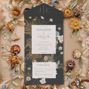 Rustic Wildflowers Monogram Black No Dinner All In One Invitation