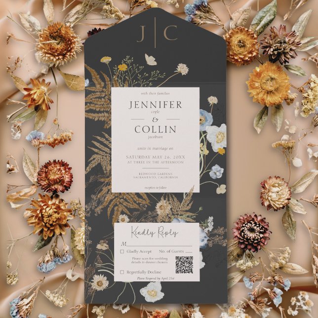 Rustic Wildflowers Monogram Black QR Code All In One Invitation (Rustic Wildflowers Monogram Black QR Code All In One Invitation)