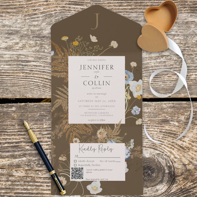 Rustic Wildflowers Monogram Brown QR Code All In One Invitation (Creator Uploaded)