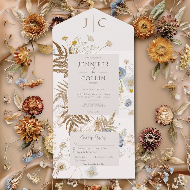 Rustic Wildflowers Monogram Cream Dinner All In One Invitation (Rustic Wildflowers Monogram Cream Dinner All In One Invitation)