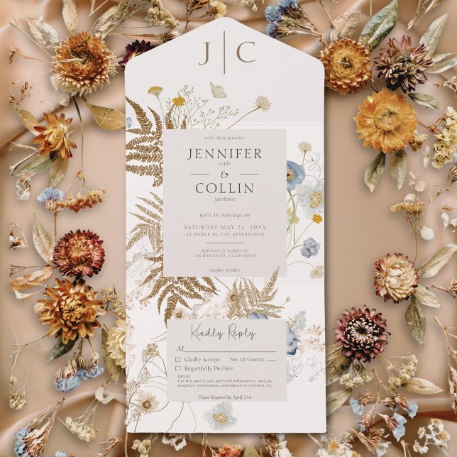 Rustic Wildflowers Monogram Cream No Dinner All In One Invitation (Rustic Wildflowers Monogram Cream No Dinner All In One Invitation)