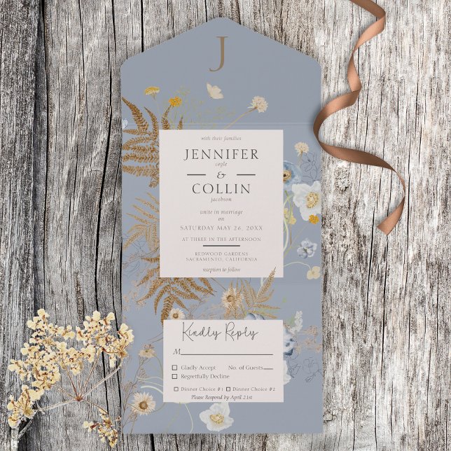 Rustic Wildflowers Monogram Dusty Blue Dinner All In One Invitation (Creator Uploaded)