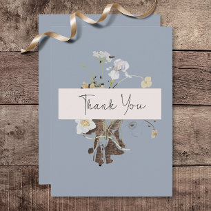 Rustic Wildflowers Monogram Dusty Blue Wedding Thank You Card