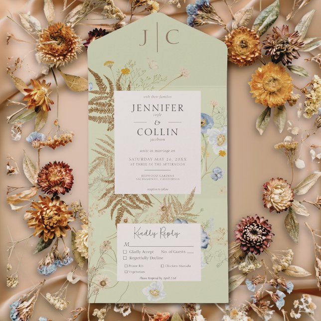 Rustic Wildflowers Monogram Light Green Dinner All In One Invitation (Rustic Wildflowers Monogram Light Green Dinner All In One Invitation)