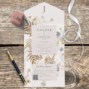Rustic Wildflowers Monogram on Cream QR Code All In One Invitation