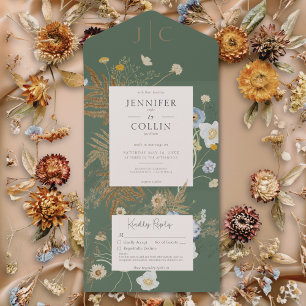 Rustic Wildflowers Monogram Sage Green No Dinner All In One Invitation