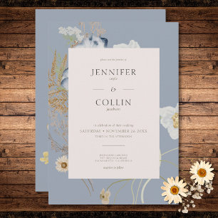 Rustic Wildflowers on Dusty Blue Wedding Invitation