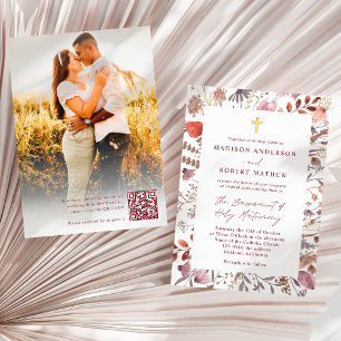 Rustic Wildflowers Photo QR Code Catholic Wedding Invitation