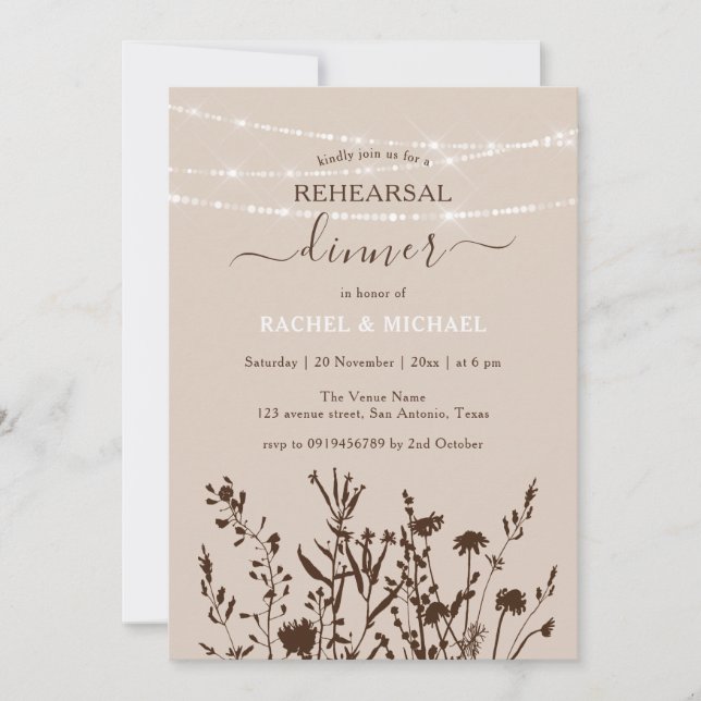 Rustic Wildflowers String Lights Rehearsal Dinner Invitation (Front)