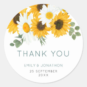 Rustic Wildflowers Sunflowers Names Date Thank You Classic Round Sticker