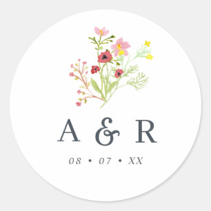 Rustic Wildflowers Wedding Monogram Classic Round  Sticker