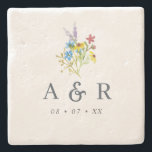 Rustic Wildflowers Wedding Monogram Stone Coaster<br><div class="desc">Rustic wedding stone coasters,  featuring a watercolor wildflower bouquet with blue,  yellow,  purple and pink flowers,  and your initials and wedding date. Perfect for a wedding gift or as wedding favours</div>