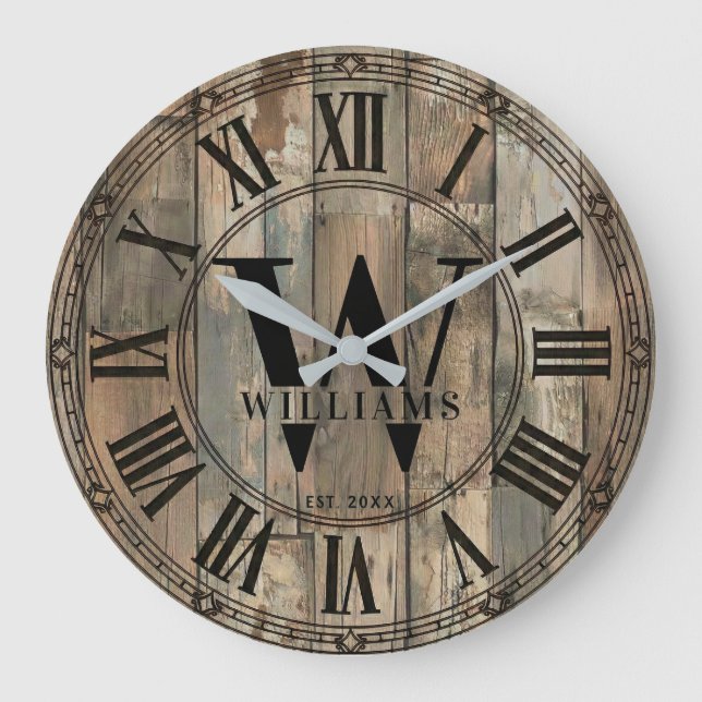 Rustic Williams Family Monogram Clock | Wood-Look  (Front)