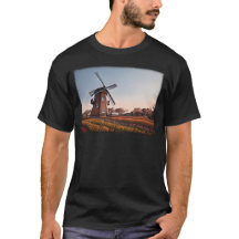 Rustic Windmill and Tulip Fields Sunset