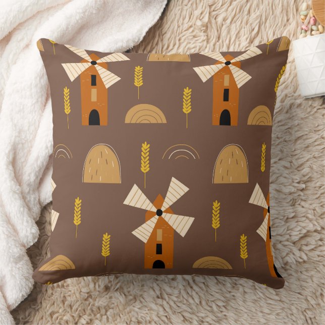 Rustic Windmill & Wheat Harvest Seamless Pattern Cushion (Blanket)