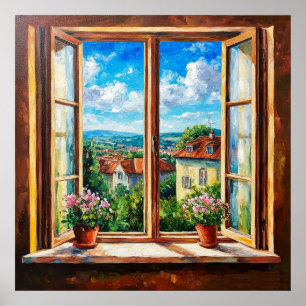 Rustic Window Overlooking Charming Farmhouse 🌿 Poster