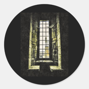 Rustic Window View With Stone Walls And Building I Classic Round Sticker