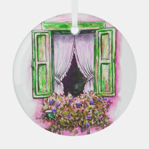 Rustic Windows: Watercolor Sketch Provance. Glass Tree Decoration