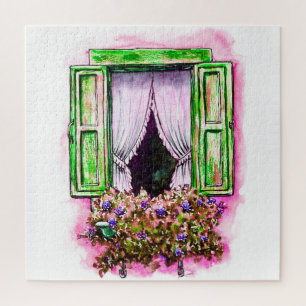 Rustic Windows: Watercolor Sketch Provance. Jigsaw Puzzle