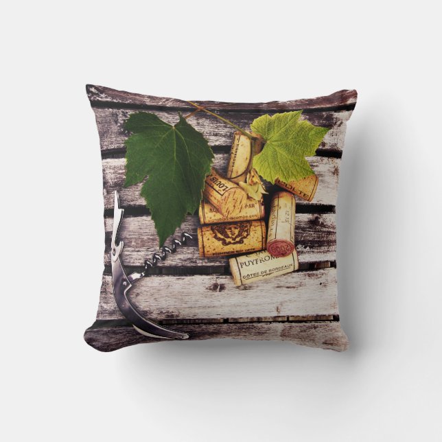 Rustic wine bottle corks and corkscrew cushion (Front)