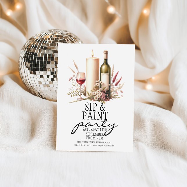Rustic Wine Candle Floral Sip and Paint Party  Holiday Card (Creator Uploaded)