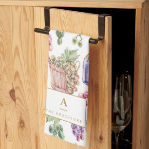 Rustic Wine Cheese Grapes Watercolor Monogram Tea Towel