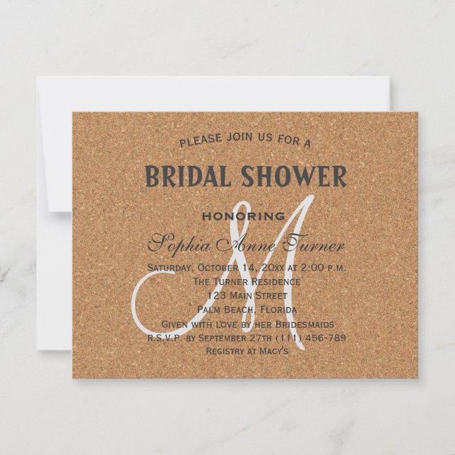 Rustic Wine Cork Wedding Monogram Bridal Shower Invitation (Front)