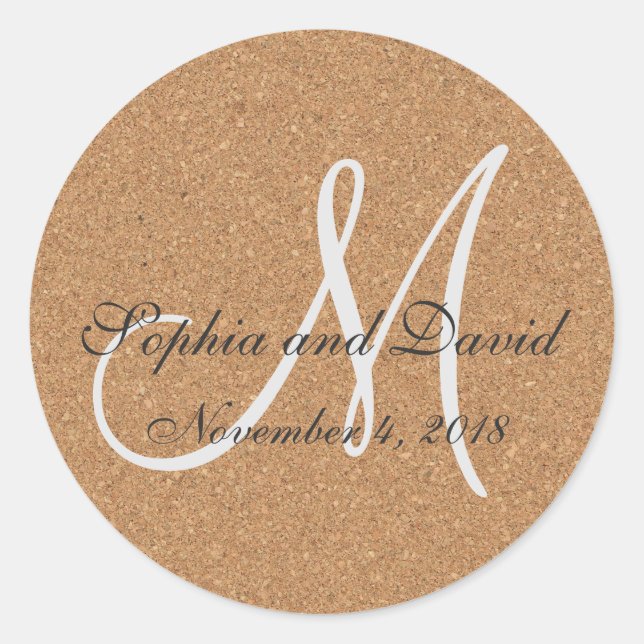 Rustic Wine Cork Wedding Monogram Classic Round Sticker (Front)