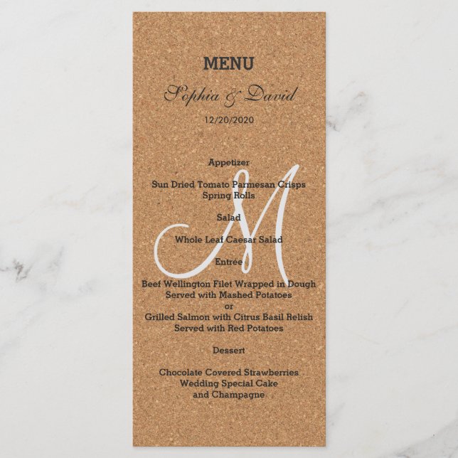 Rustic Wine Cork Wedding Monogram Menu (Front)