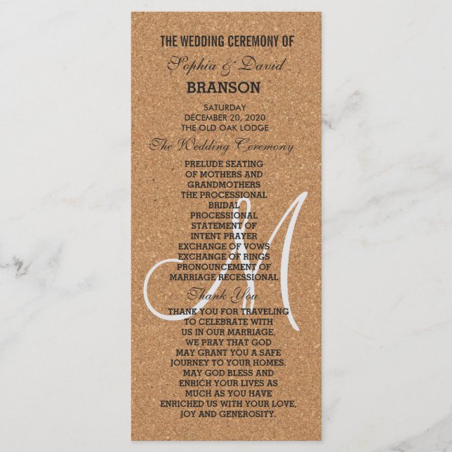 Rustic Wine Cork Wedding Monogram Program (Front)
