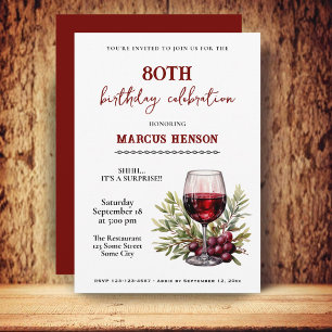 Rustic Wine Glass 80th Birthday Surprise Party  Invitation