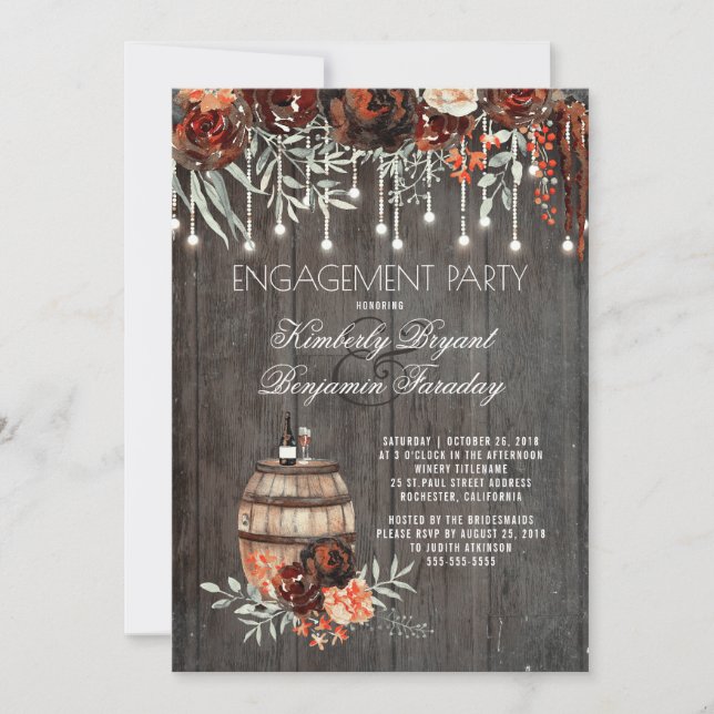 Rustic Winery Floral Lights Engagement Party Invitation (Front)