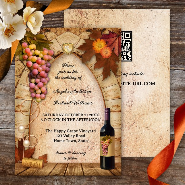 Rustic Winery or Vineyard Wedding Invitation (Rustic wine themed wedding invitation with a painting featuring grapes, flowers and fall leaves)