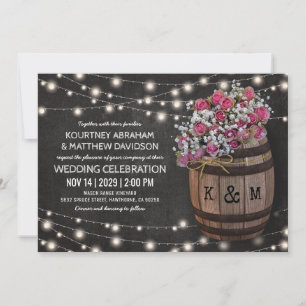 Rustic Winery Pink Floral Lights Wedding Invitation