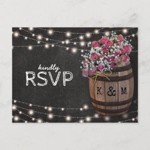 Rustic Winery Pink Floral Lights Wedding RSVP Invitation Postcard