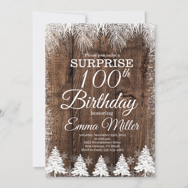 Rustic Winter 100th Birthday Party Invitation (Front)