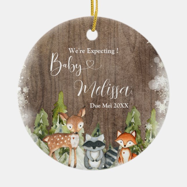 Rustic Winter Animals We're Expecting Parents Ceramic Ornament (Front)