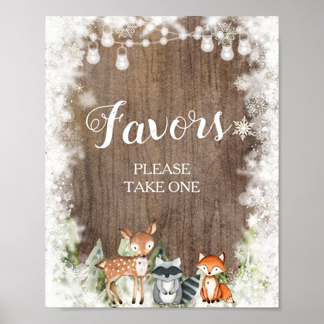 Rustic Winter Animals Woodland Baby Shower Favours Poster (Front)