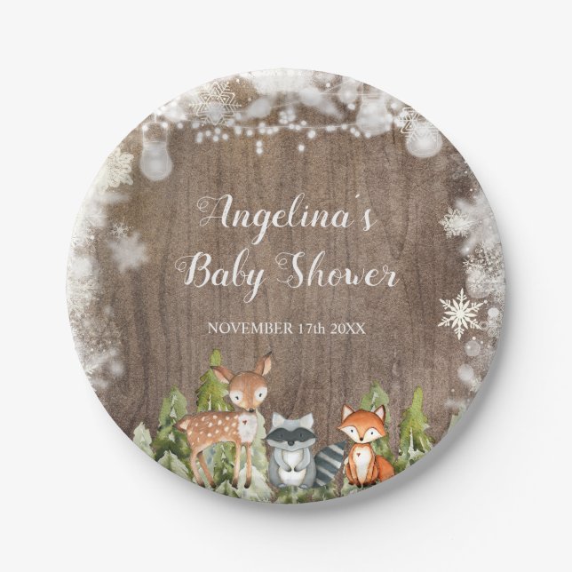 Rustic Winter Animals Woodland Birthday Paper Plate (Front)
