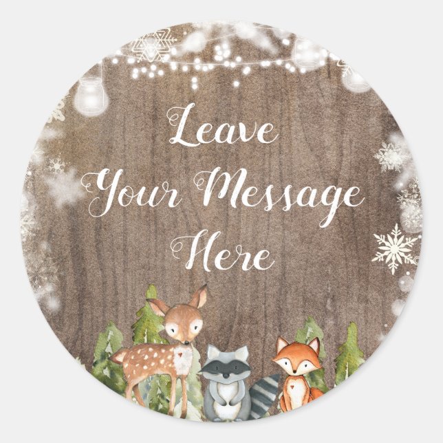 Rustic Winter Animals Woodland Love Your Message Classic Round Sticker (Front)