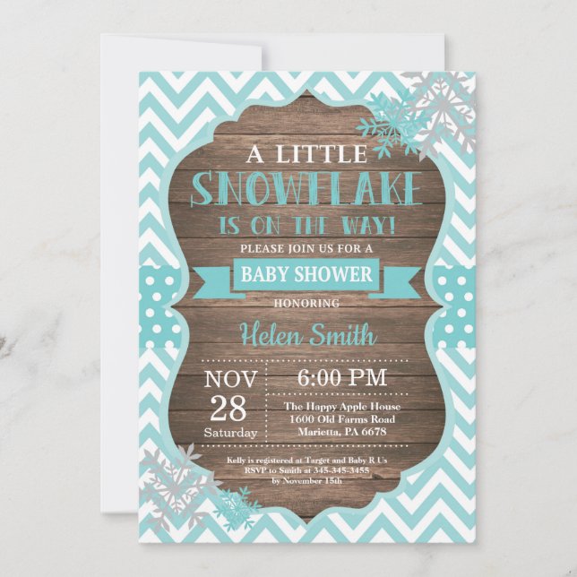 Rustic Winter Baby Shower Aqua Snowflake Invitation (Front)