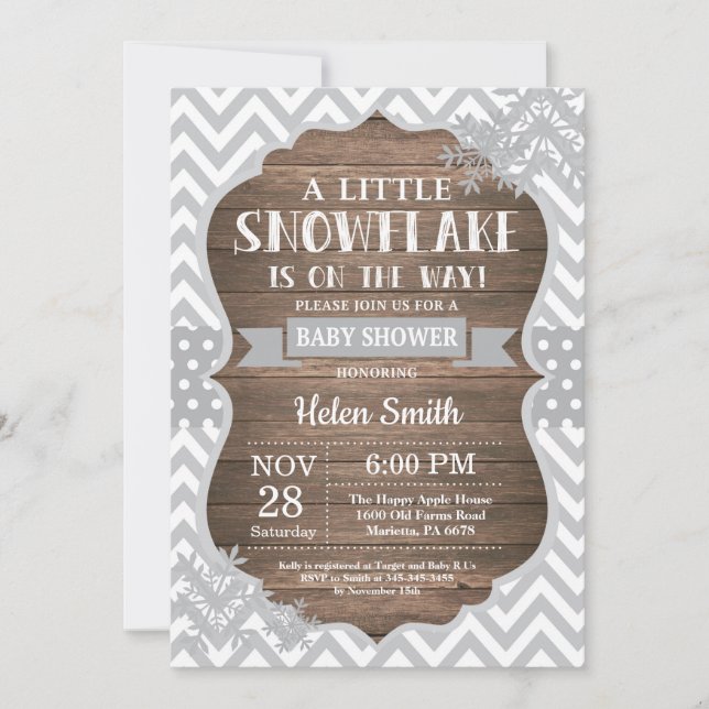 Rustic Winter Baby Shower Grey Snowflake Invitation (Front)